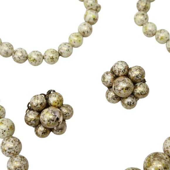 Vintage Necklace Clip On Earring Set Japan White Gold Flecked Beads 26" -Hey Viv - Picture 2 of 7